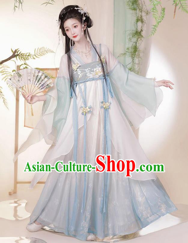 Chinese Tang Dynasty Princess Costume Hanfu Hezi Qun Ancient Fairy Blue Dresses