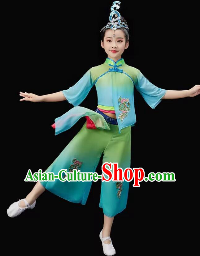 Chinese Children Yangko Dance Green Outfit Fan Dance Costumes Folk Dance Clothing