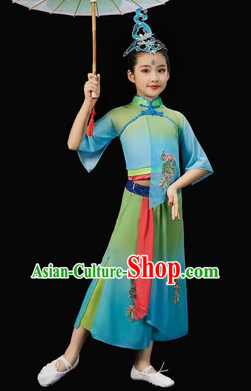 Chinese Children Yangko Dance Green Outfit Fan Dance Costumes Folk Dance Clothing