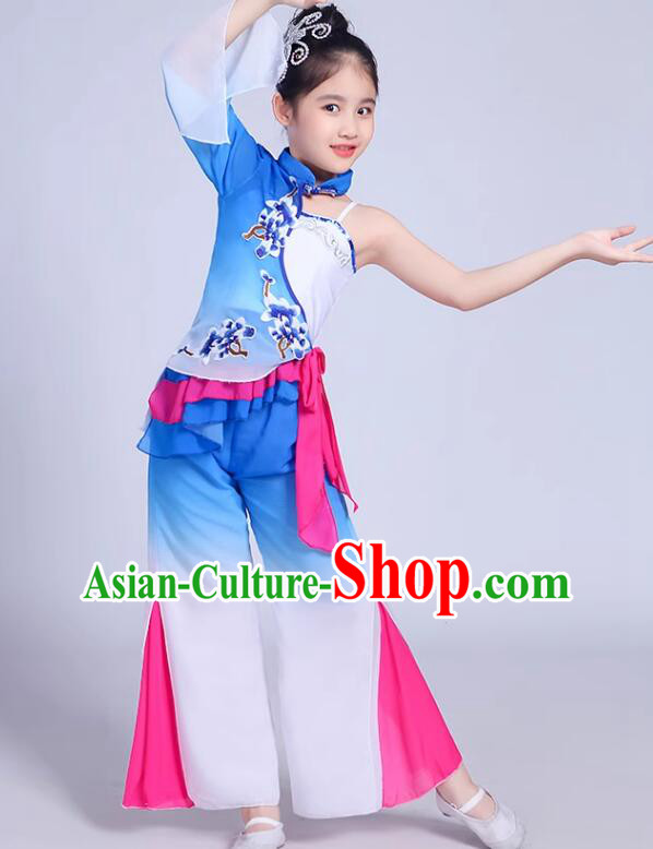 Chinese Children Folk Dance Clothing Yangko Dance Blue Outfit Fan Dance Costumes