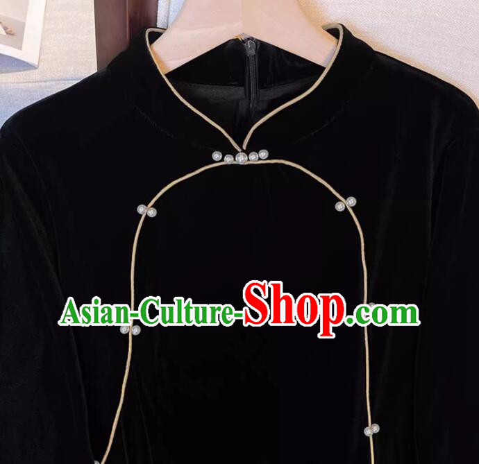 China Classic Qipao Traditional Cheongsam Oversize Black Velvet Dress