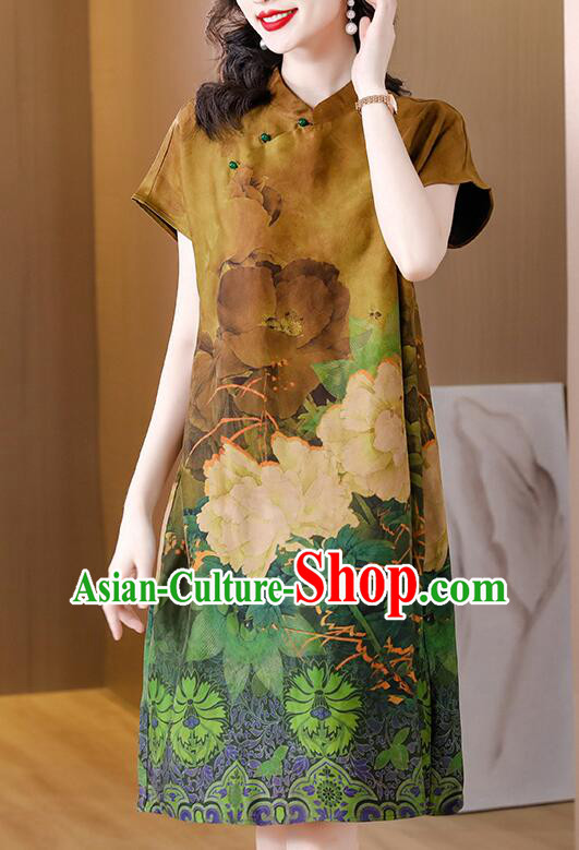 China Classic Qipao Peony Pattern Cheongsam Traditional Clothing Oversize Dress