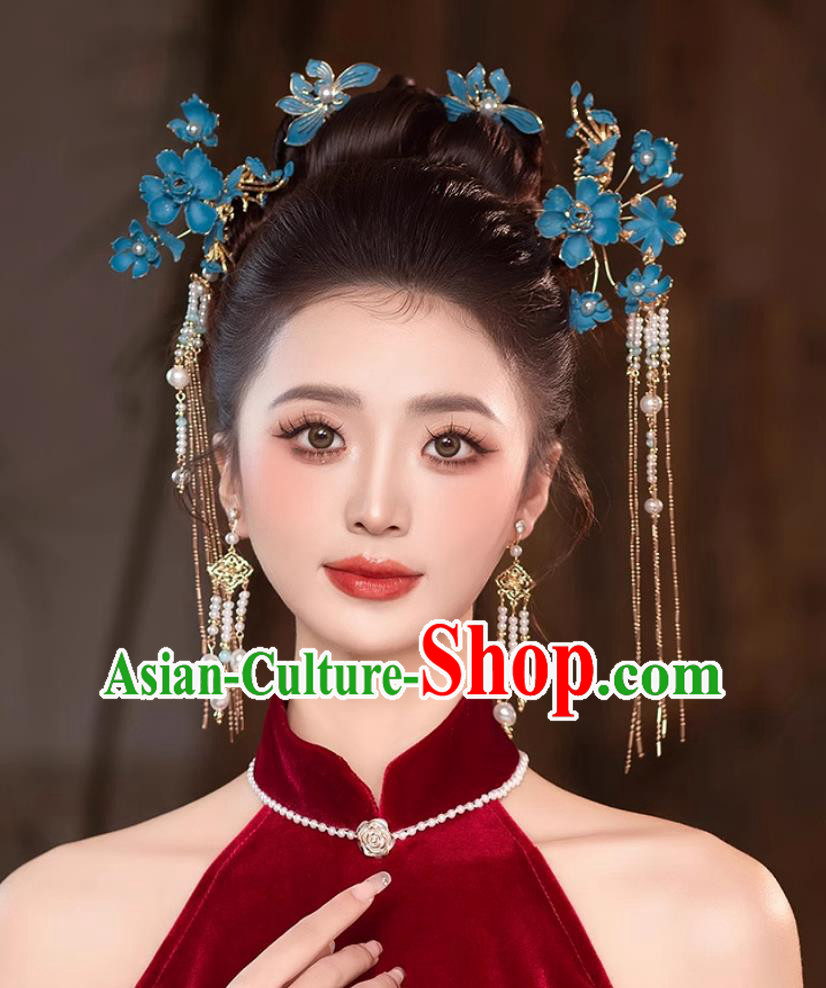 Traditional China Wedding Hair Accessories Handmade Cheongsam Headpieces Bride Blue Flower Hairpins Complete Set