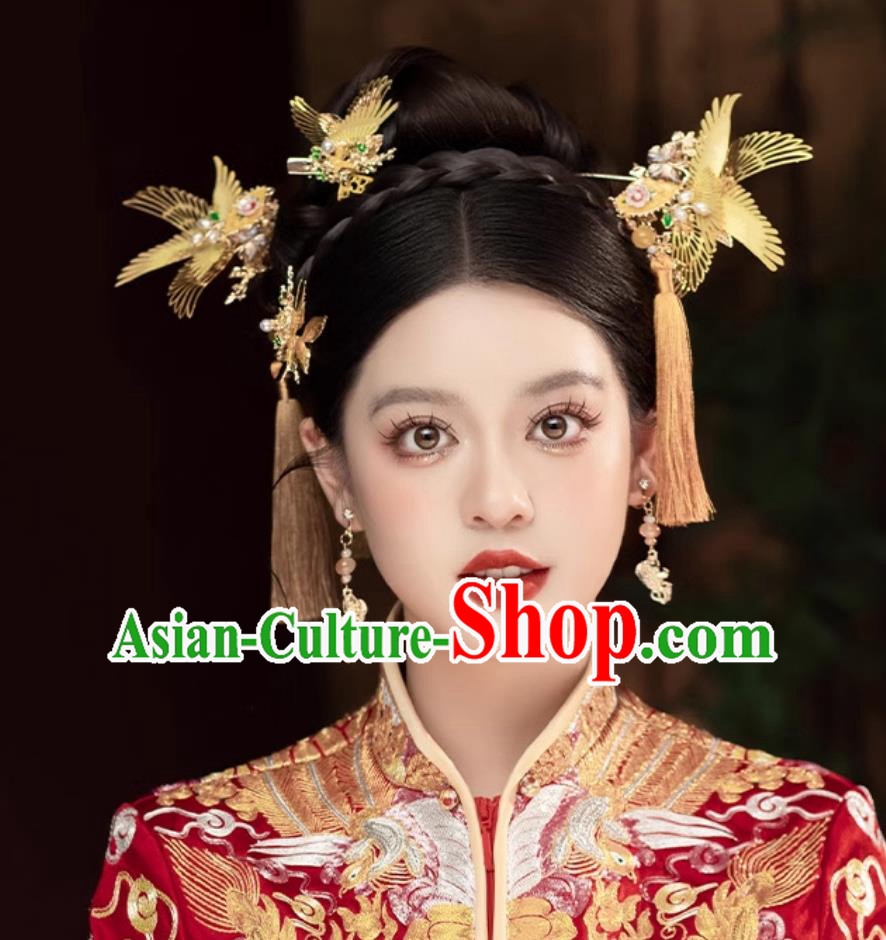 Top Bride Golden Hairpins Traditional China Wedding Hair Accessories Handmade Cheongsam Headpieces Complete Set