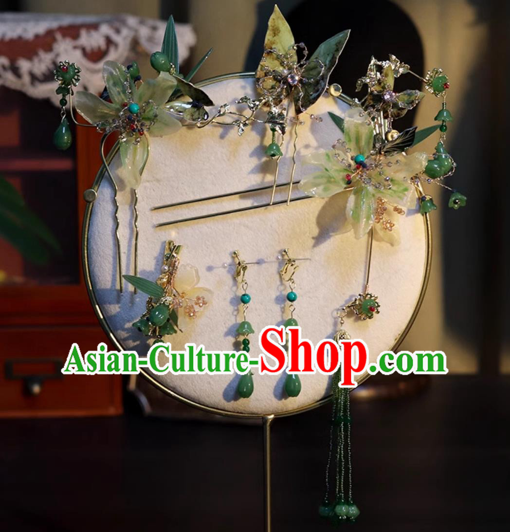 Handmade Cheongsam Headpieces Bride Green Jade Hairpins Traditional China Wedding Hair Accessories Complete Set