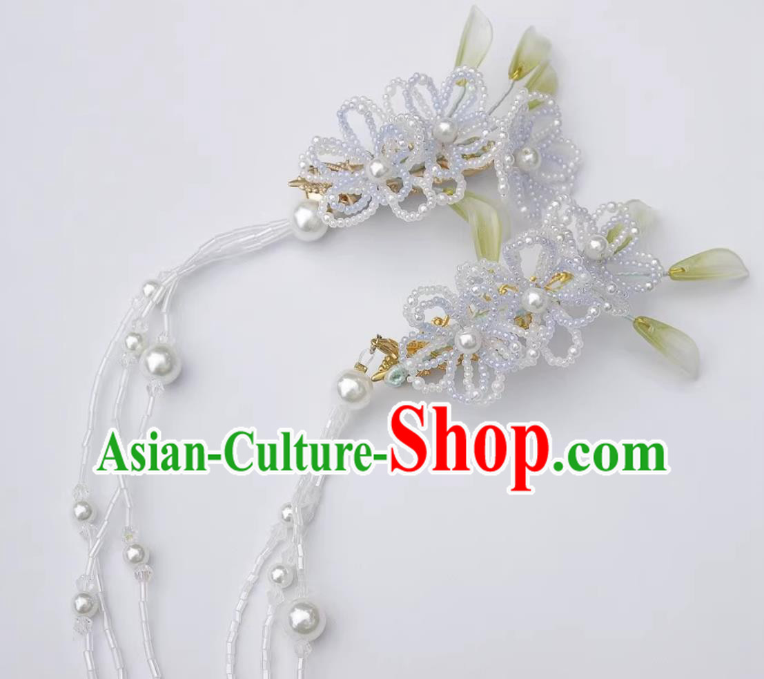 Traditional Hanfu Tassel Headpieces Handmade Light Blue Beads Hair Clips China Cheongsam Hair Accessories
