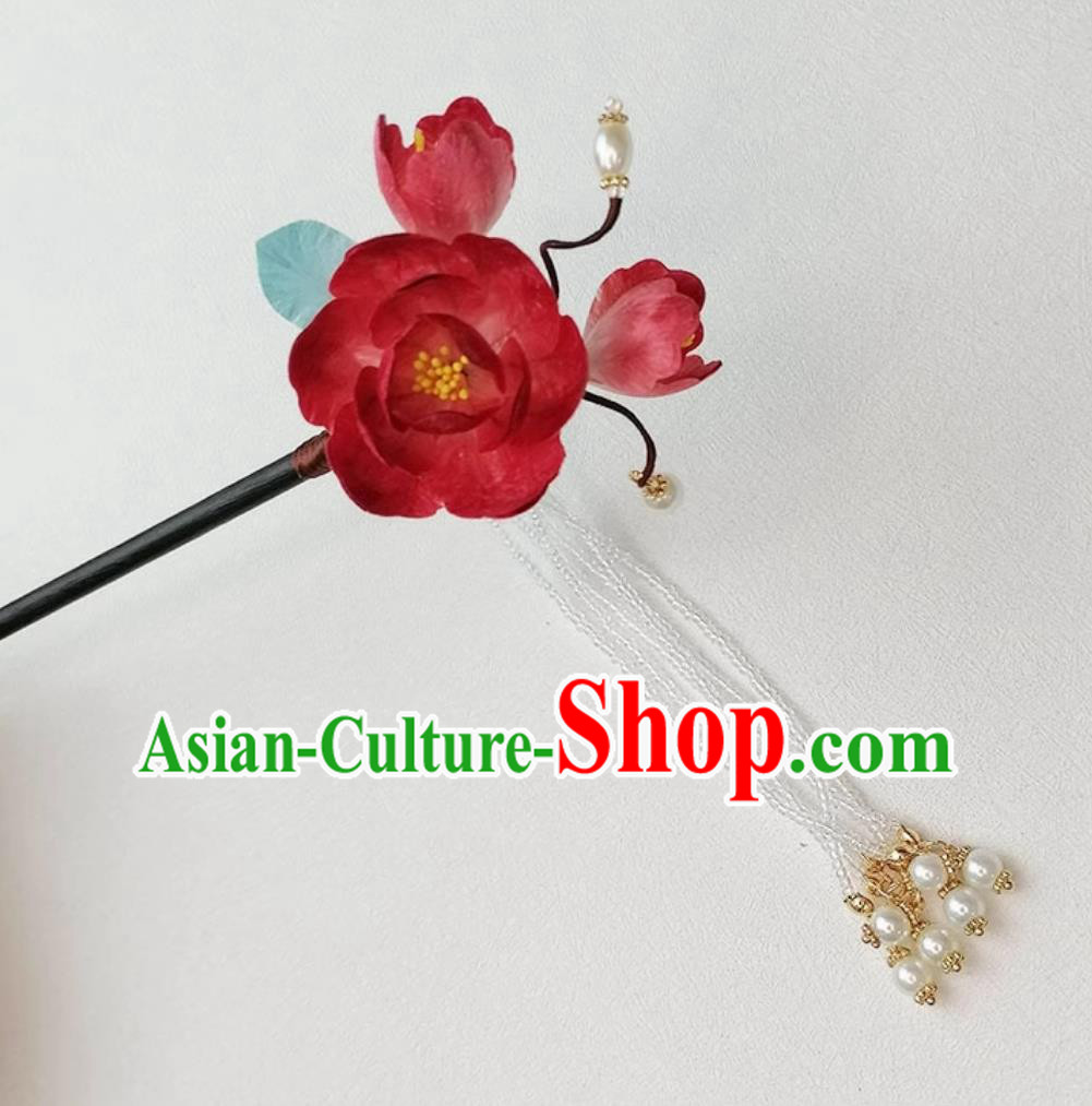 Traditional China Hair Accessories Handmade Hanfu Headpiece Intangible Cultural Heritage Red Silk Flower Hairpin