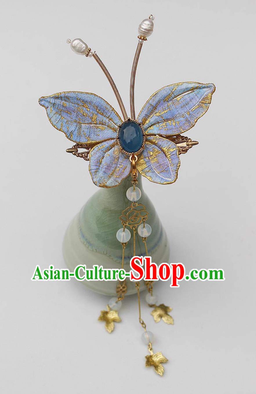 China Cheongsam Hair Jewelry Traditional Hanfu Headpiece Handmade Blue Butterfly Hair Stick