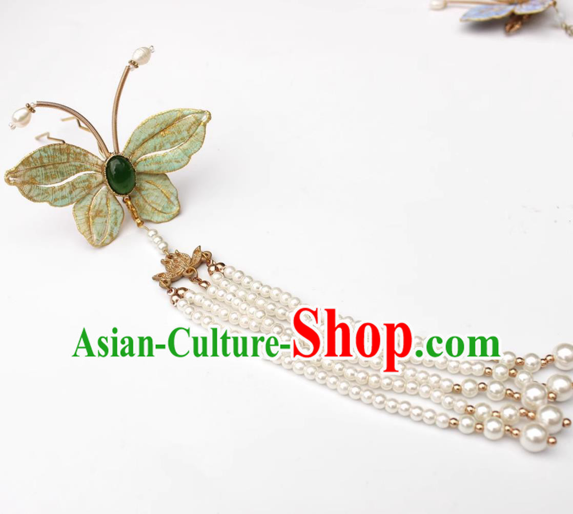 Traditional Hanfu Pearls Headpiece Handmade Green Butterfly Tassel Hairpin China Cheongsam Hair Jewelry