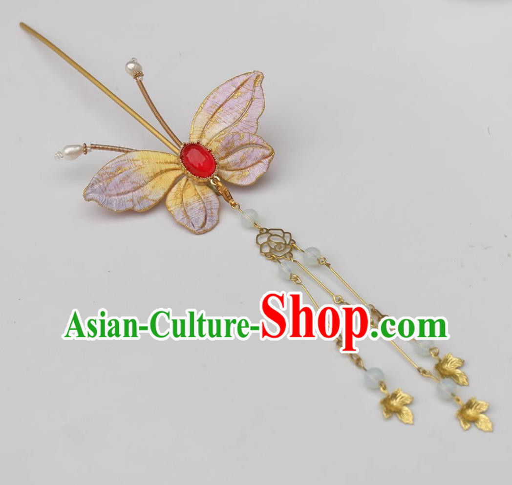China Cheongsam Hair Jewelry Traditional Hanfu Headpiece Handmade Lilac Butterfly Tassel Hairpin