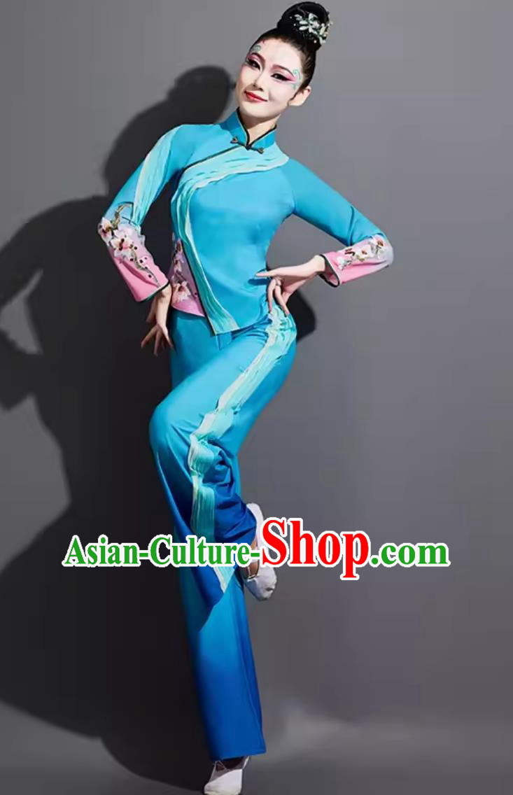 Chinese Yangko Dance Costume Traditional Fan Dance Clothing China Folk Dance Blue Outfit
