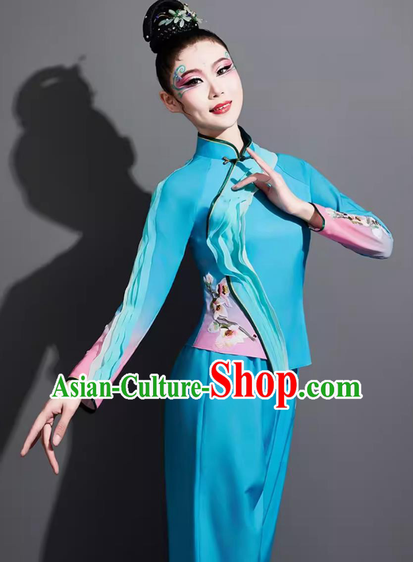 Chinese Yangko Dance Costume Traditional Fan Dance Clothing China Folk Dance Blue Outfit