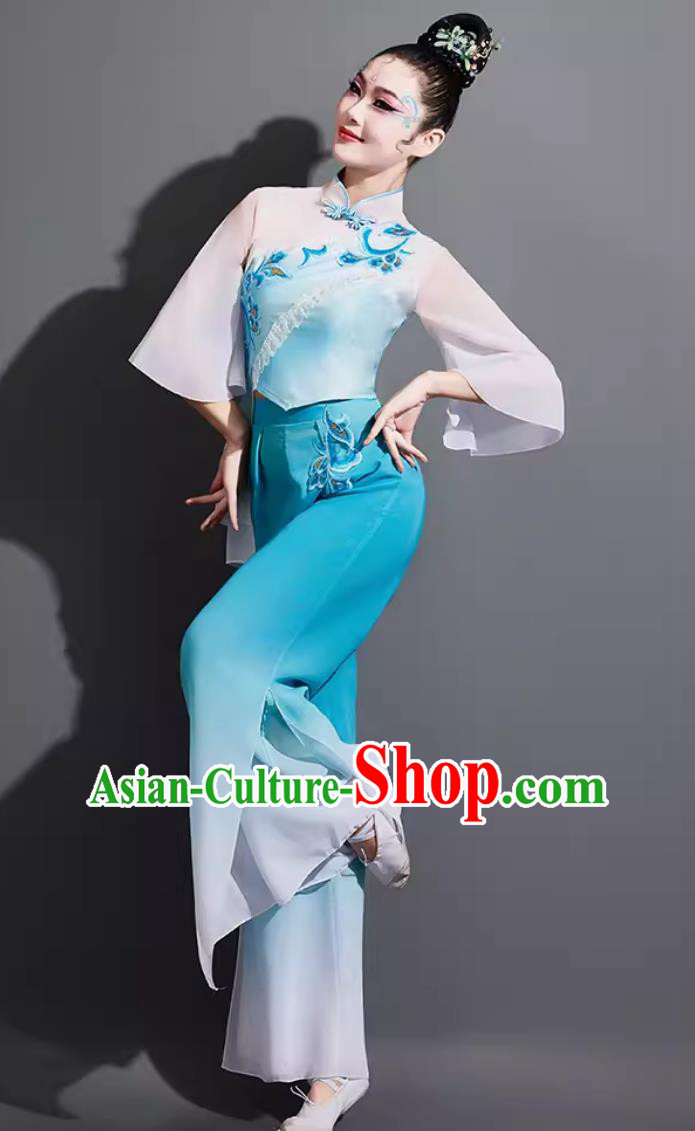 Traditional Jiaozhou Yangko Dance Clothing China Folk Dance Fan Dance Blue Outfit Chinese Danzhou Woman Group Dance Costume