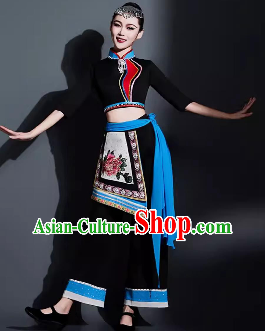 China Yangko Dance Black Outfit Chinese She Ethnic Dance Costume Traditional Fan Dance Women Group Dance Clothing
