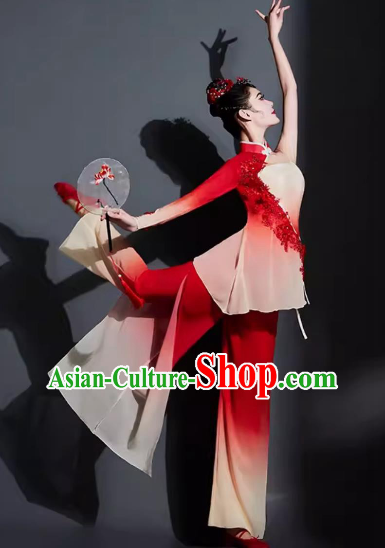 Chinese Fan Dance Costume Traditional Yangko Dance Women Group Dance Clothing China Folk Dance Red Outfit