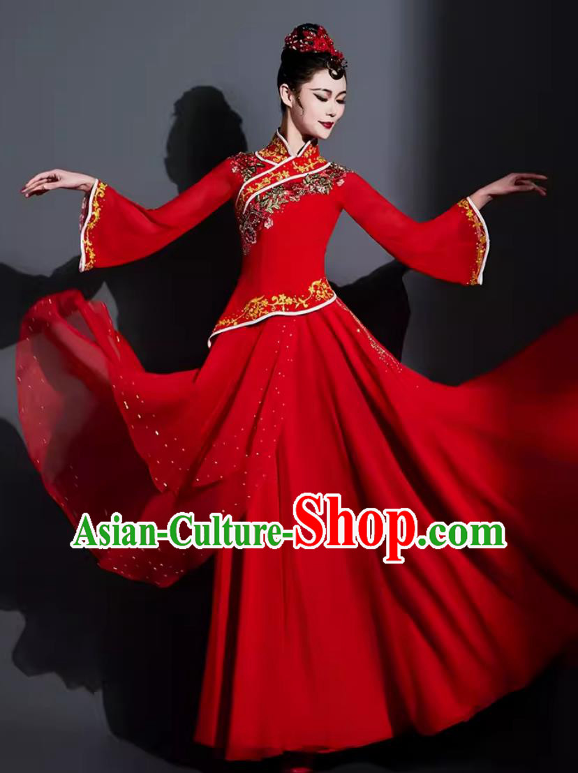 China Classical Dance Red Dress Chinese Umbrella Dance Fan Dance Costume Traditional Dance Clothing