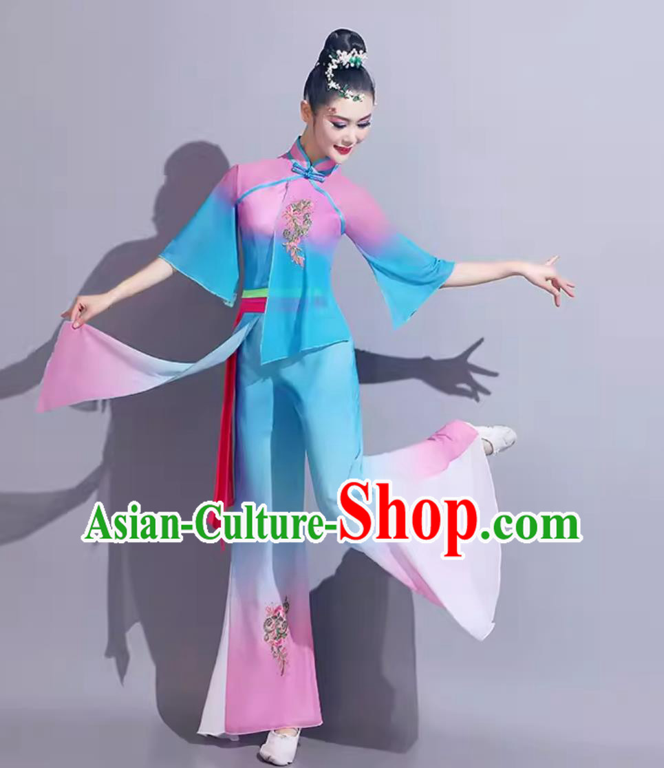 Chinese Yangko Dance Costume Traditional Women Group Dance Clothing China Folk Dance Blue Outfit