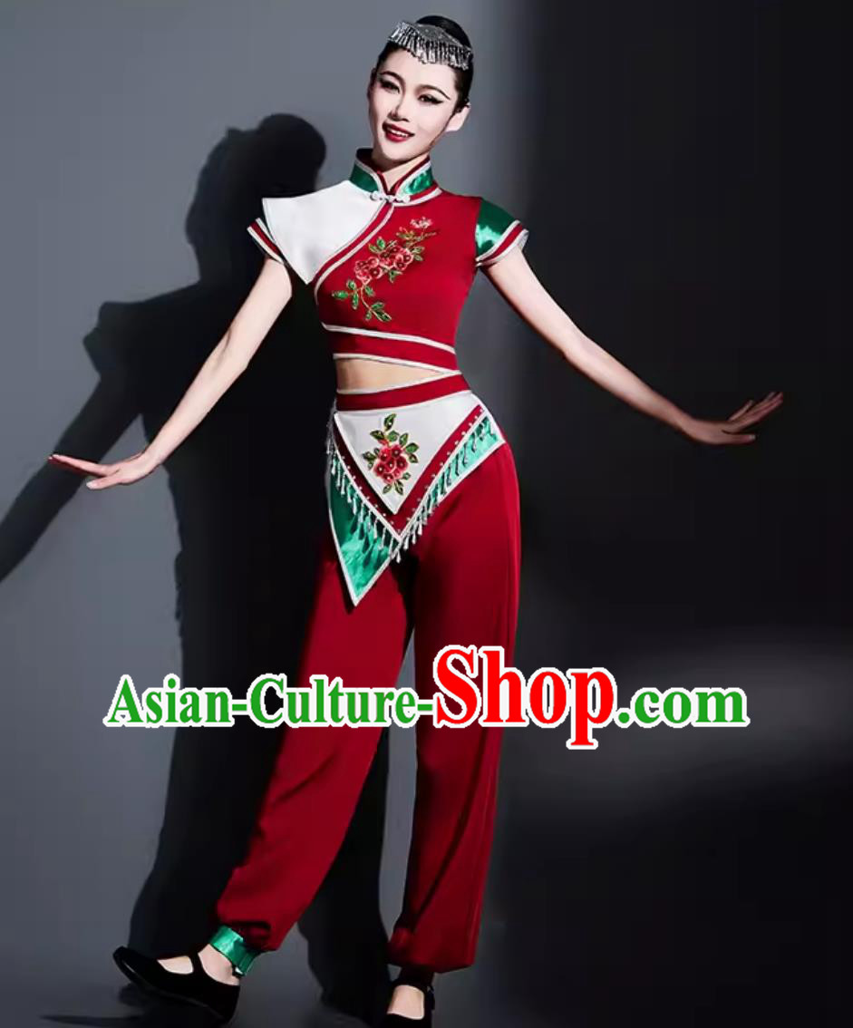 Chinese Bamboo Hat Dance Costume Traditional Yangko Dance Fan Dance Clothing China Folk Dance Outfit
