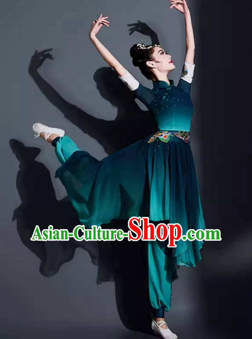 China Folk Dance Dark Green Outfit Chinese Umbrella Dance Coral Ode Costume Traditional Yangko Dance Fan Dance Clothing