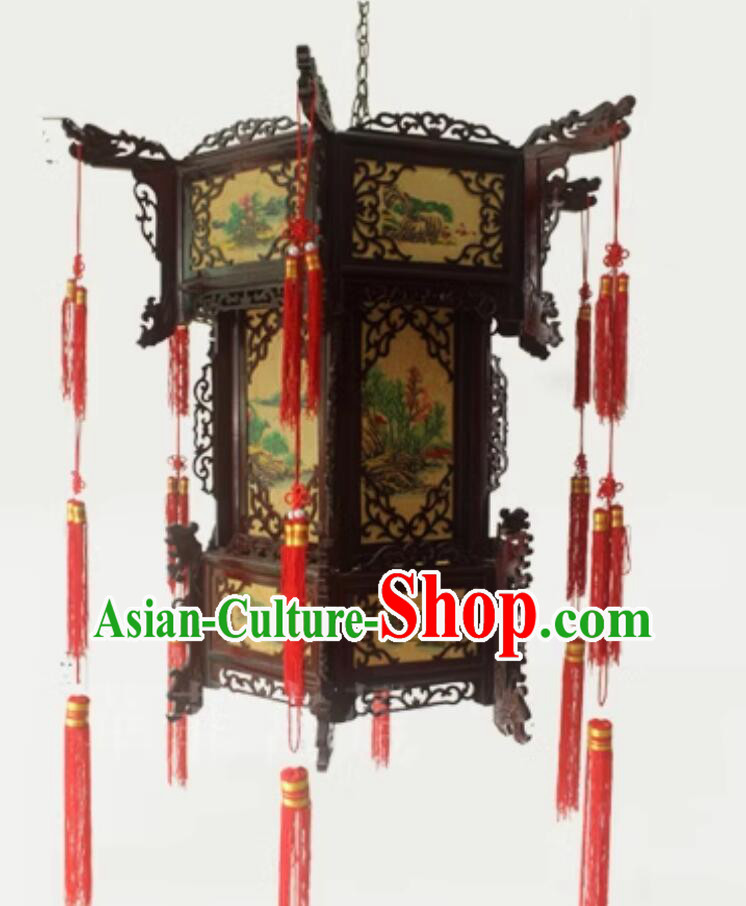 Handmade Landscape Lamp Chinese Palace Lantern Large Three Layers Antique Style Wood Lantern
