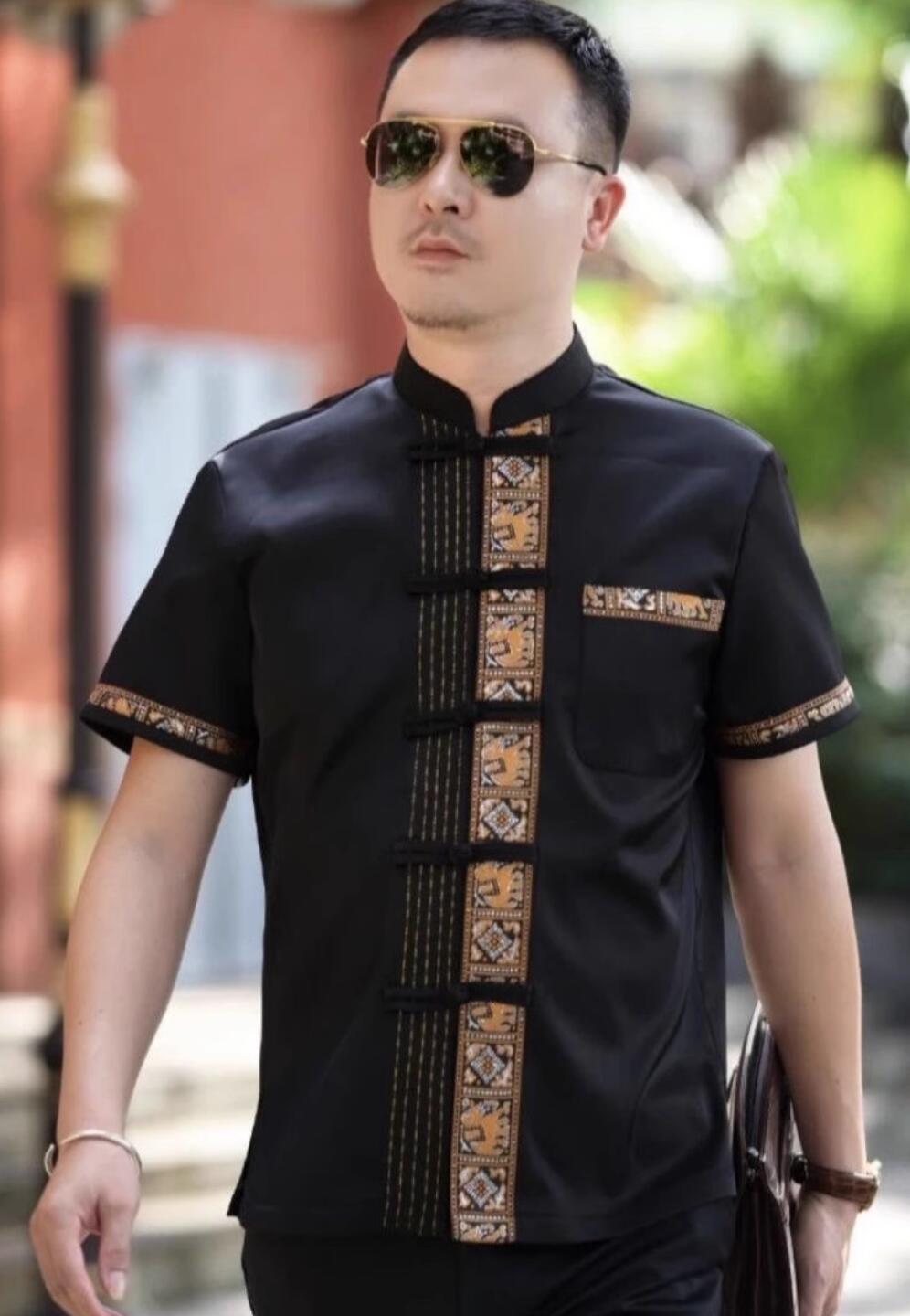Traditional Thailand Male Clothing Southeast Asian Thai Costume Dai Nationality Black Shirt