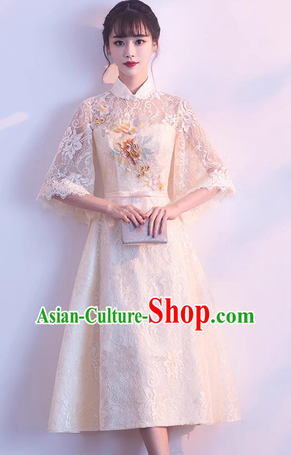 China Embroidered Lace Qipao Dress Modern Light Champagne Cheongsam Traditional Chinese Clothing