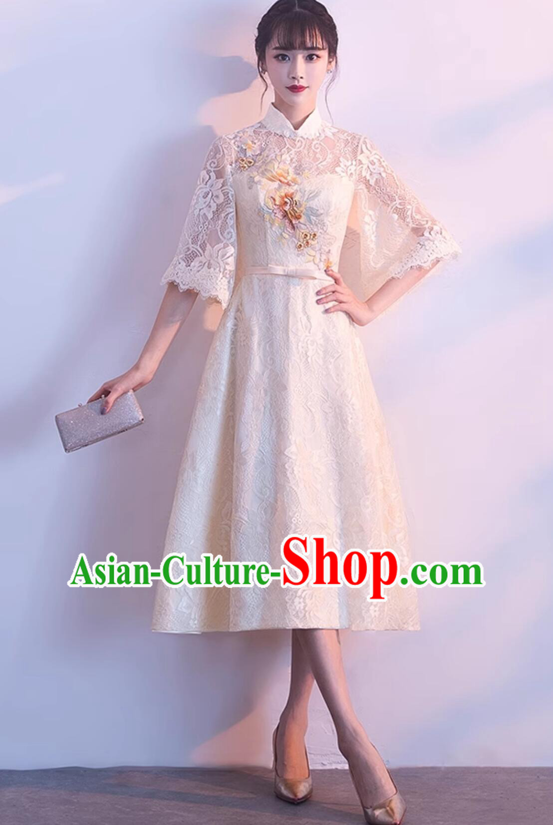 China Embroidered Lace Qipao Dress Modern Light Champagne Cheongsam Traditional Chinese Clothing