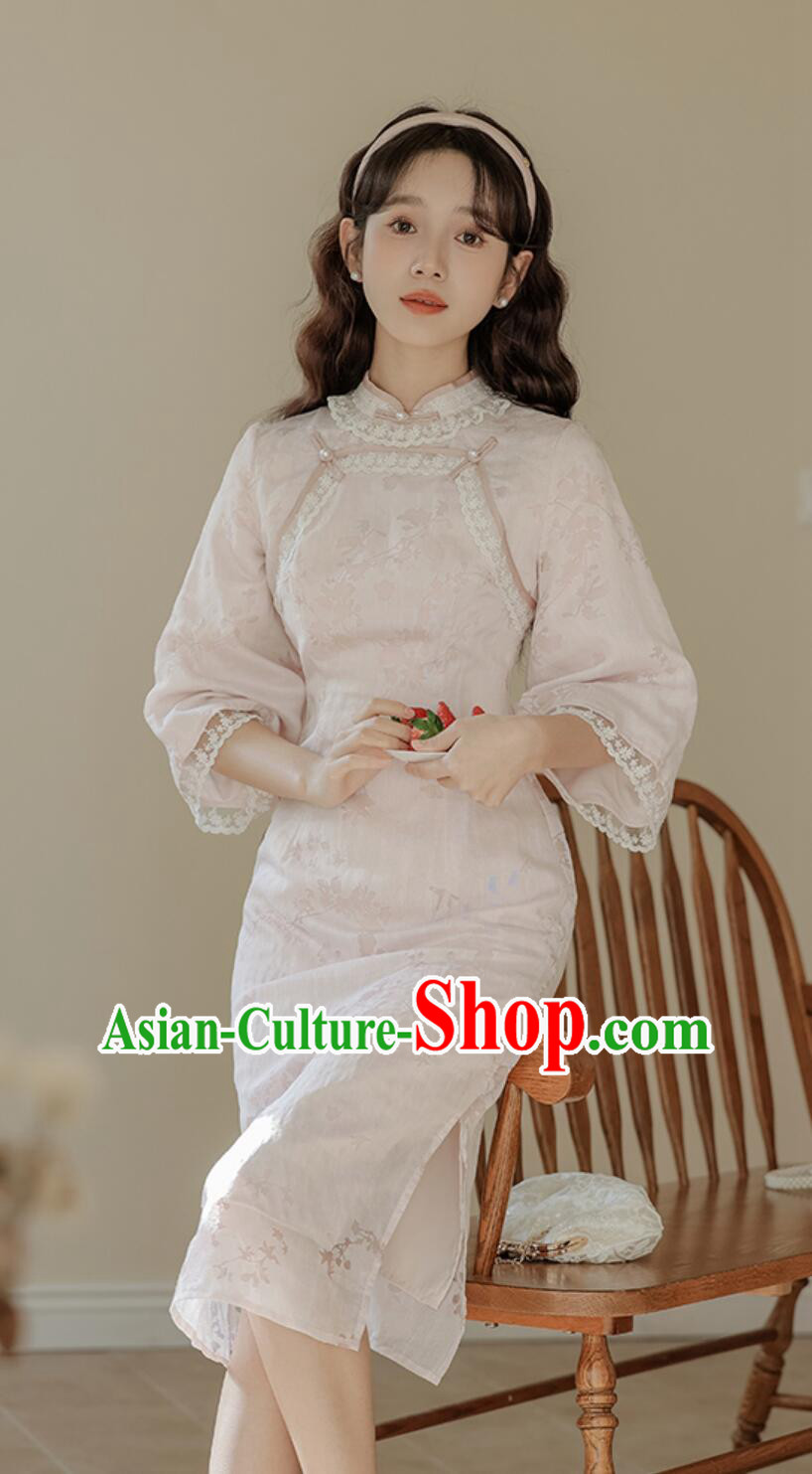 Modern Light Pink Cheongsam Traditional Chinese Clothing China Middle Sleeve Qipao Dress