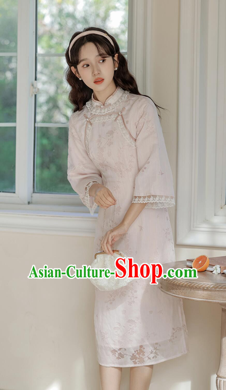 Modern Light Pink Cheongsam Traditional Chinese Clothing China Middle Sleeve Qipao Dress