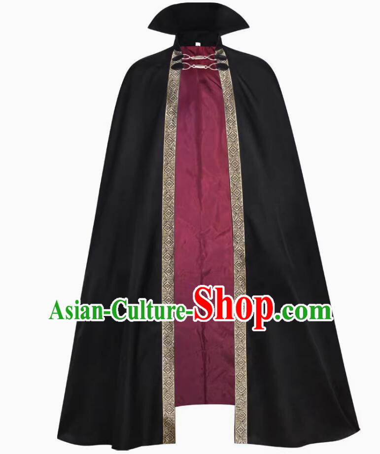 Top Medieval Europe Winter Costume Handmade Black Woolen Cape Gothic Cloak