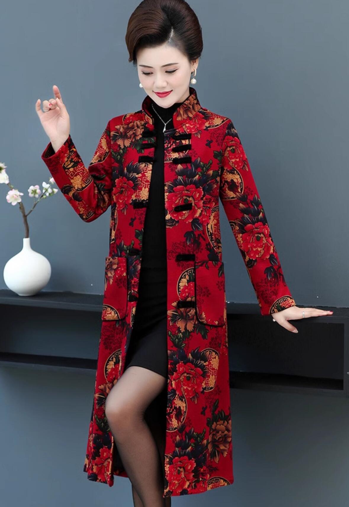 Traditional Chinese Winter Costume Tang Suit Plated Buttons Upper Outer Garment National Red Long Coat