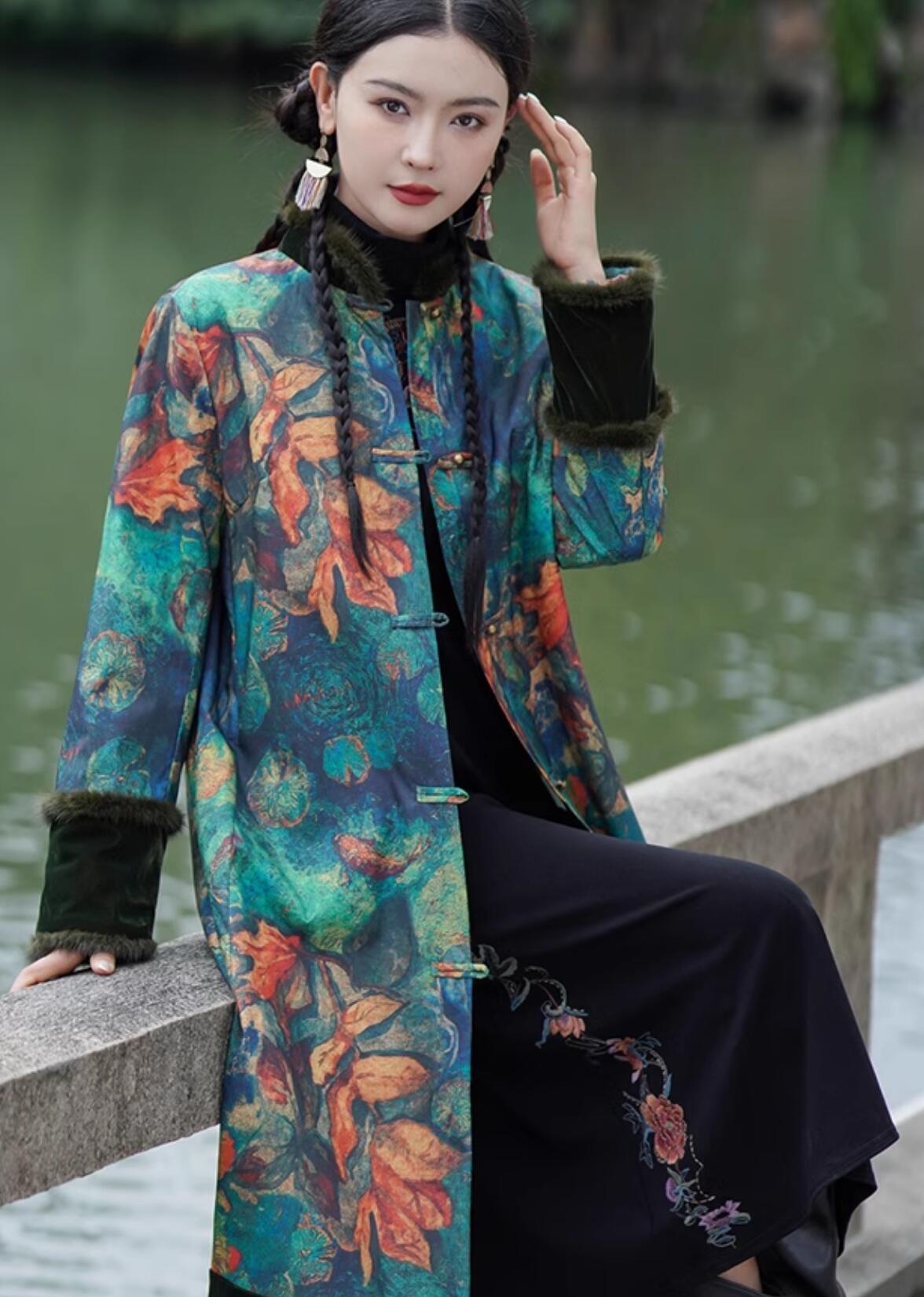 China National Green Long Coat Traditional Chinese Winter Costume Tang Suit Plated Buttons Upper Outer Garment