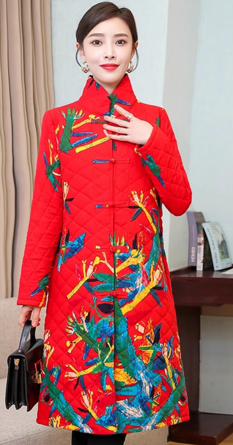 China Tang Suit Plated Buttons Upper Outer Garment National Red Long Coat Traditional Chinese Winter Costume