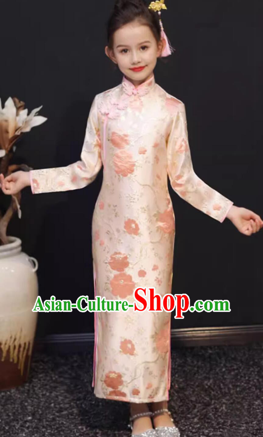 Traditional Chinese Clothing Classical Qipao China Cheongsam Long Sleeve Pink Dress