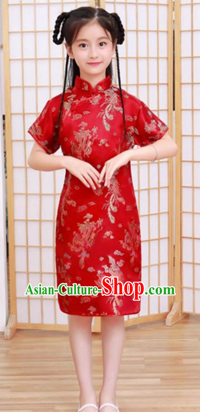China Short Sleeve Red Dress Traditional Chinese Clothing Classical Qipao Festival Cheongsam