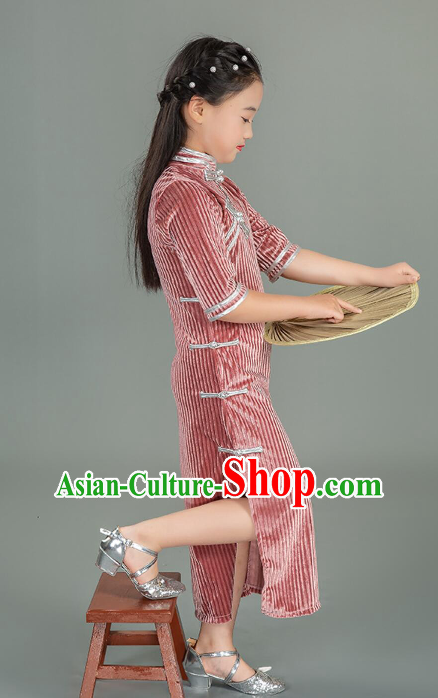 China Classical Qipao Stage Dance Cheongsam Pink Dress Traditional Chinese Clothing