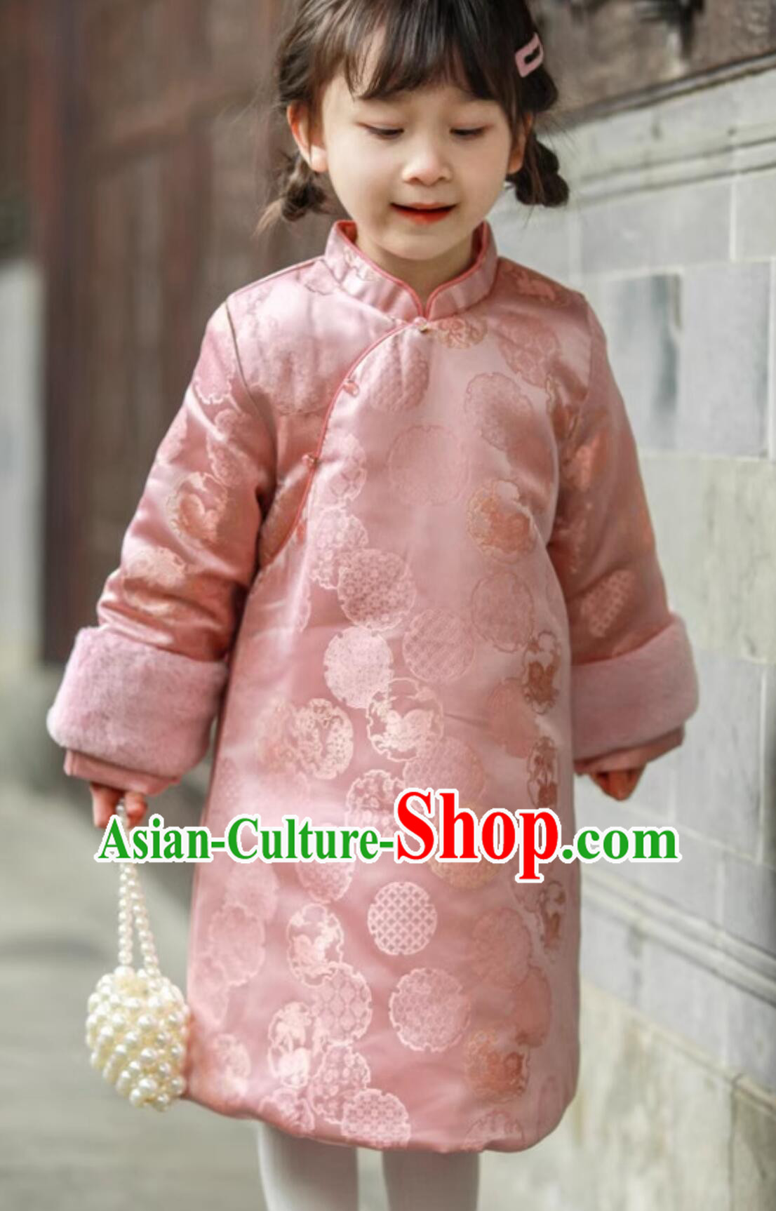 Winter Warm Cheongsam China Pink Dress Traditional Chinese Clothing Children Qipao