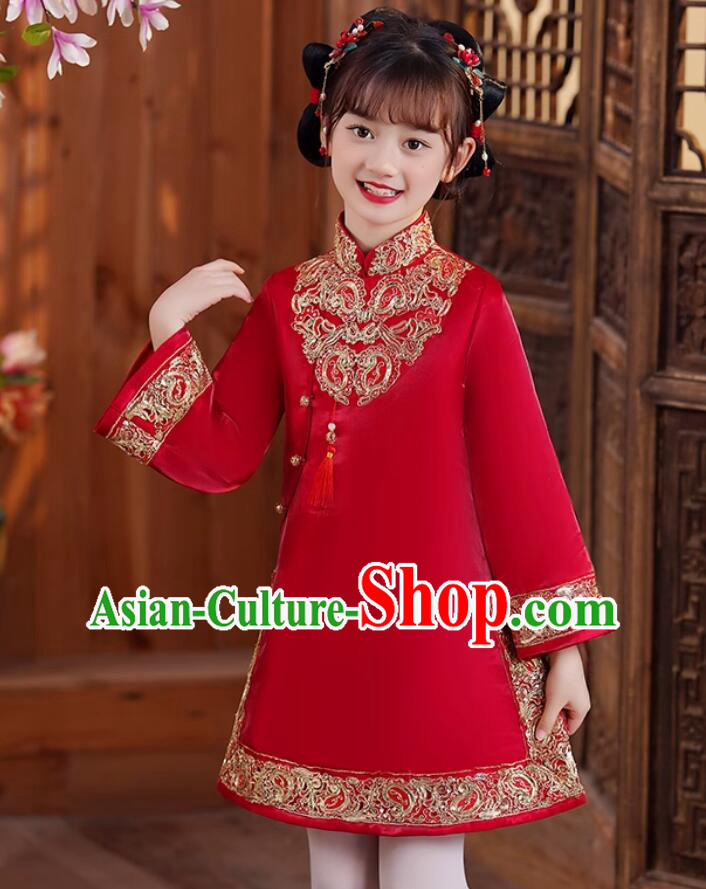 China New Year Red Cheongsam Classical Dress Traditional Chinese Clothing Children Qipao