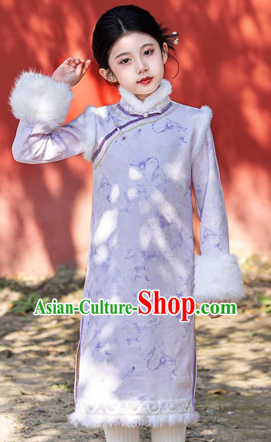 China Classical Dress Traditional Chinese Clothing Children Winter Qipao Purple Warm Cheongsam