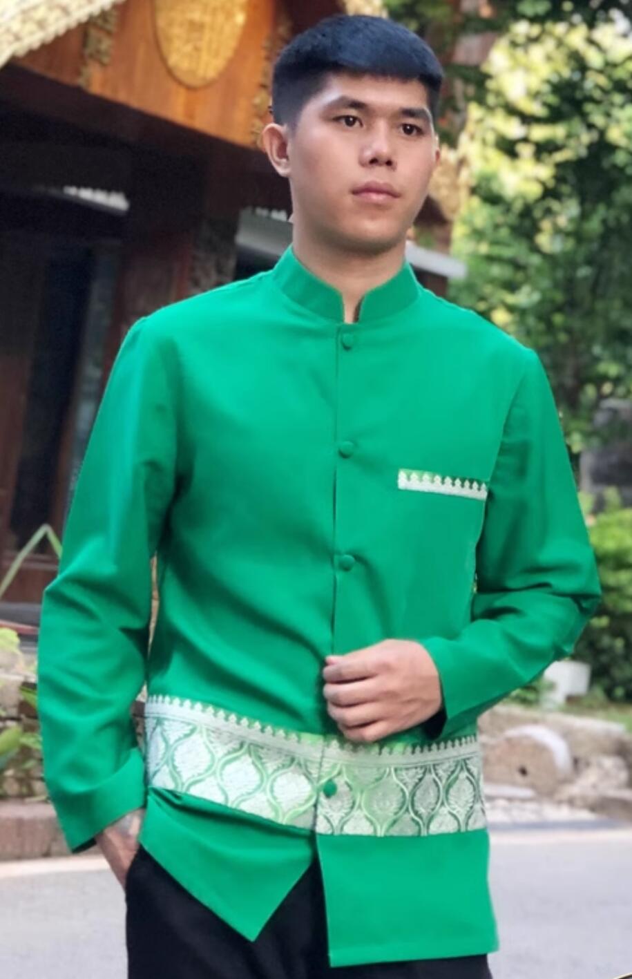 Traditional Thailand Male Clothing Southeast Asian Thai Costume Chinese Dai Nationality Green Shirt