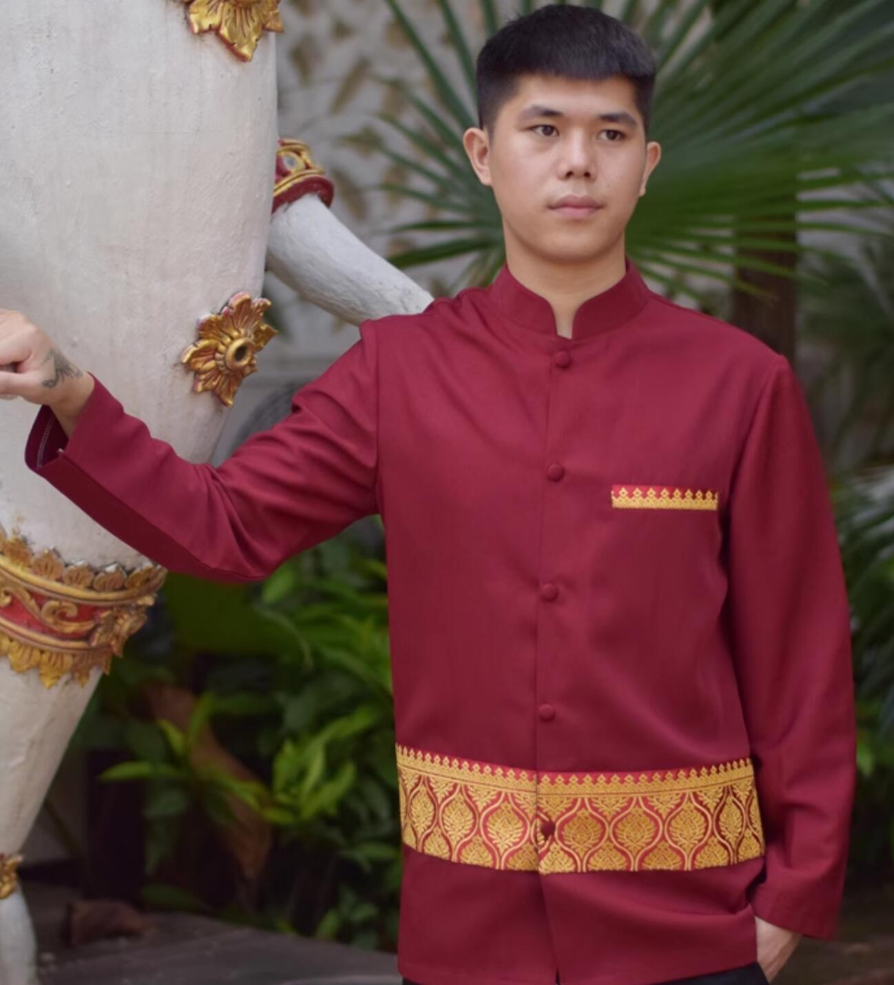 Chinese Dai Nationality Dark Red Shirt Traditional Thailand Male Clothing Southeast Asian Thai Costume