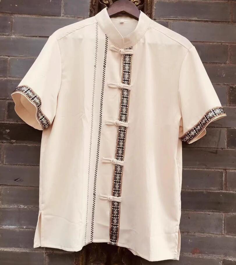 Southeast Asian Thai Costume Chinese Dai Nationality Summer White Shirt Traditional Thailand Male Clothing