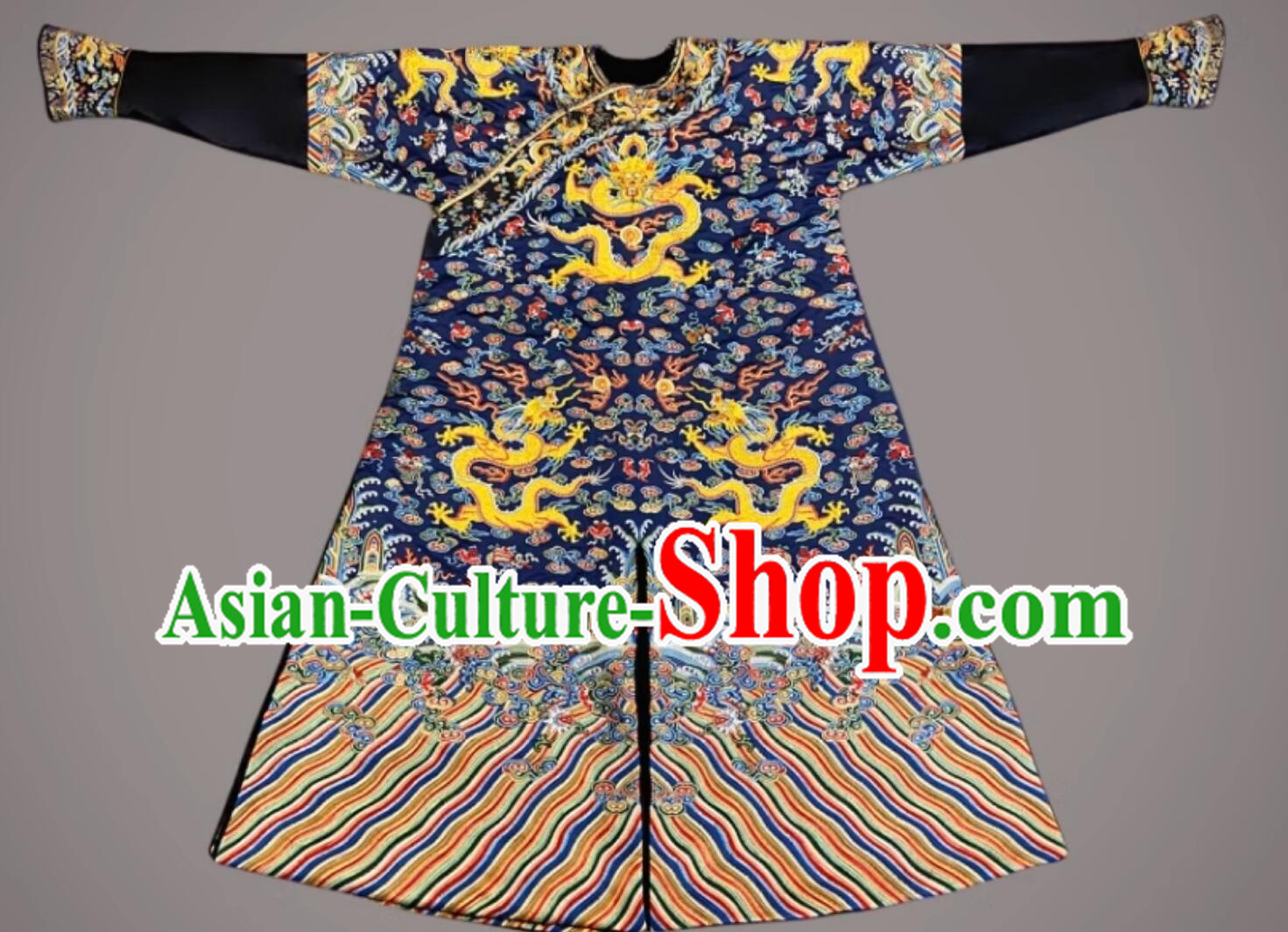 Chinese Qing Dynasty Emperor Dark Blue Dragon Robe Traditional Embroidered Imperial Robe Ancient China Manchu Monarch Clothing