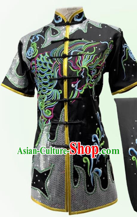 Chinese Embroidered Changquan Clothing Traditional Kung Fu Costume Martial Arts Uniform Wushu Tournament Black Outfit