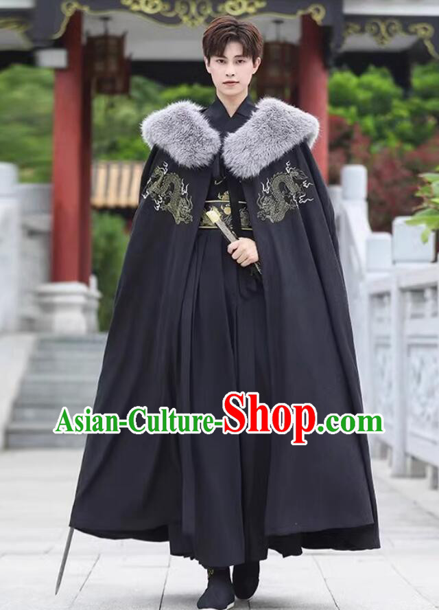Traditional Chinese Hanfu Mantle Ancient Swordsman Costume Handmade Embroidered Black Woolen Long Cloak
