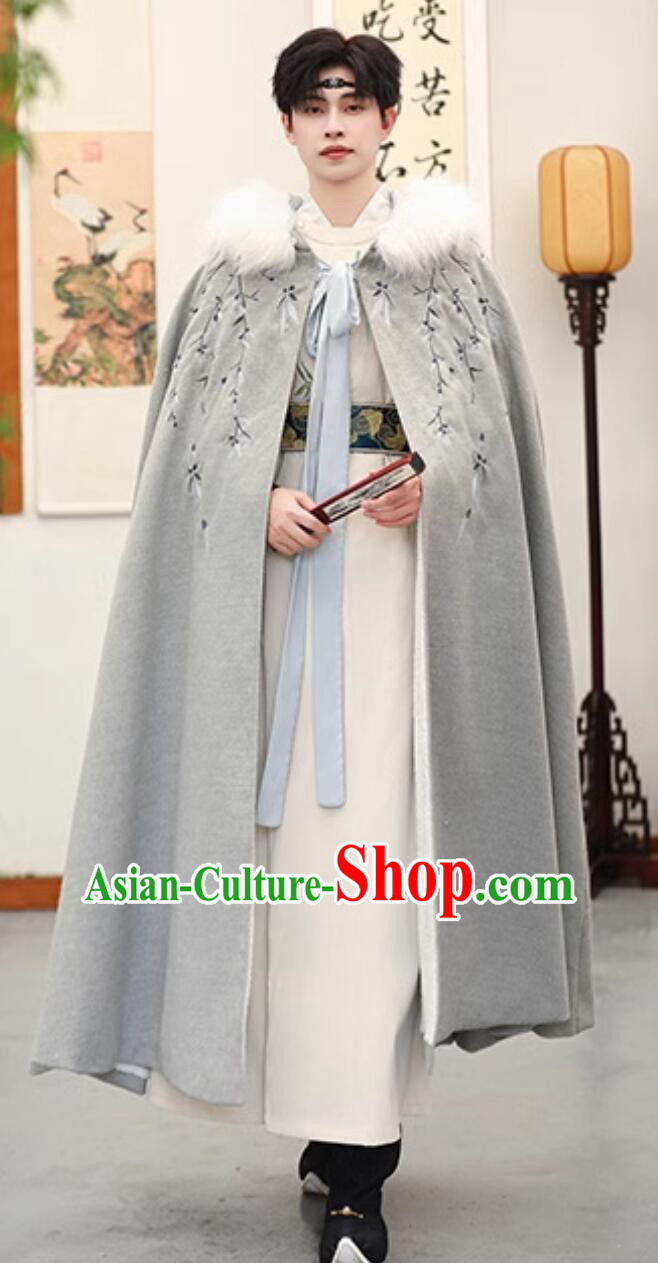 Traditional Chinese Hanfu Mantle China Ancient Swordsman Costume Handmade Embroidered Grey Woolen Long Cloak