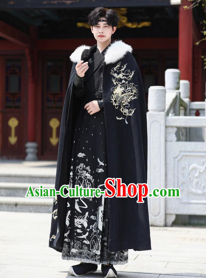 Handmade Embroidered Kylin Black Woolen Long Cloak Traditional Chinese Hanfu Mantle China Ancient Swordsman Costume