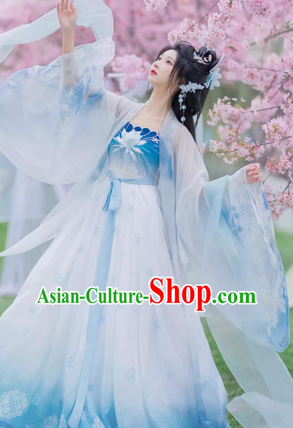 Ancient China Flower Fairy Costume Chinese Traditional Blue Hanfu Dress Tang Dynasty Princess Embroidered Clothing
