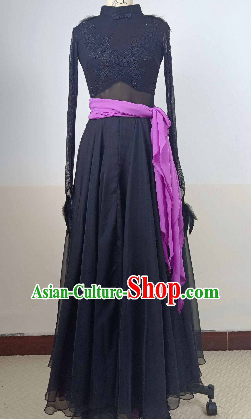 Chinese Mongol Nationality Dance Clothing Mongolian Folk Dance Costume Ethnic Women Group Dance Black Feather Dress
