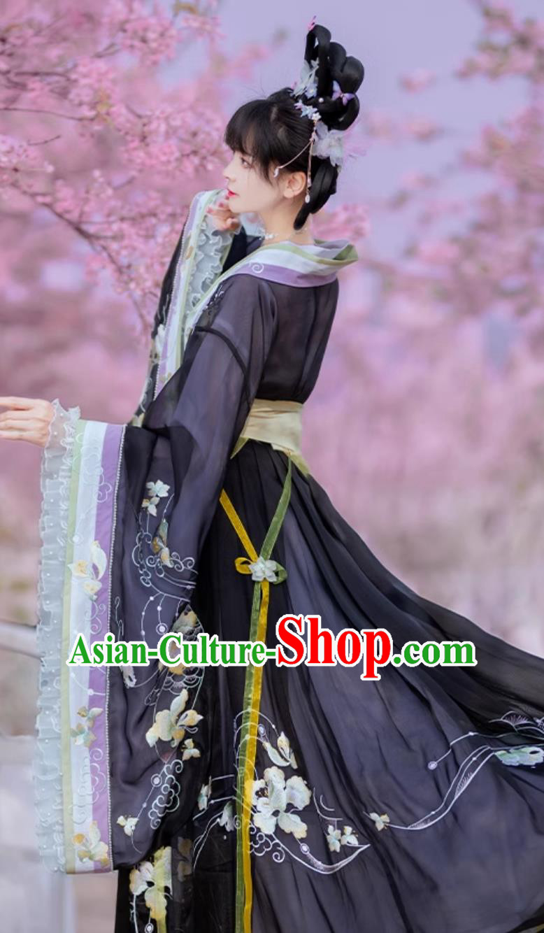 Jin Dynasty Princess Embroidered Clothing Traditional Chinese Black Hanfu Dress Ancient China Flower Fairy Costume